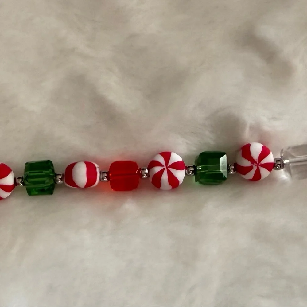 Christmas Bracelet with Red, White, and Clear Square Beads & Peppermint Handmade